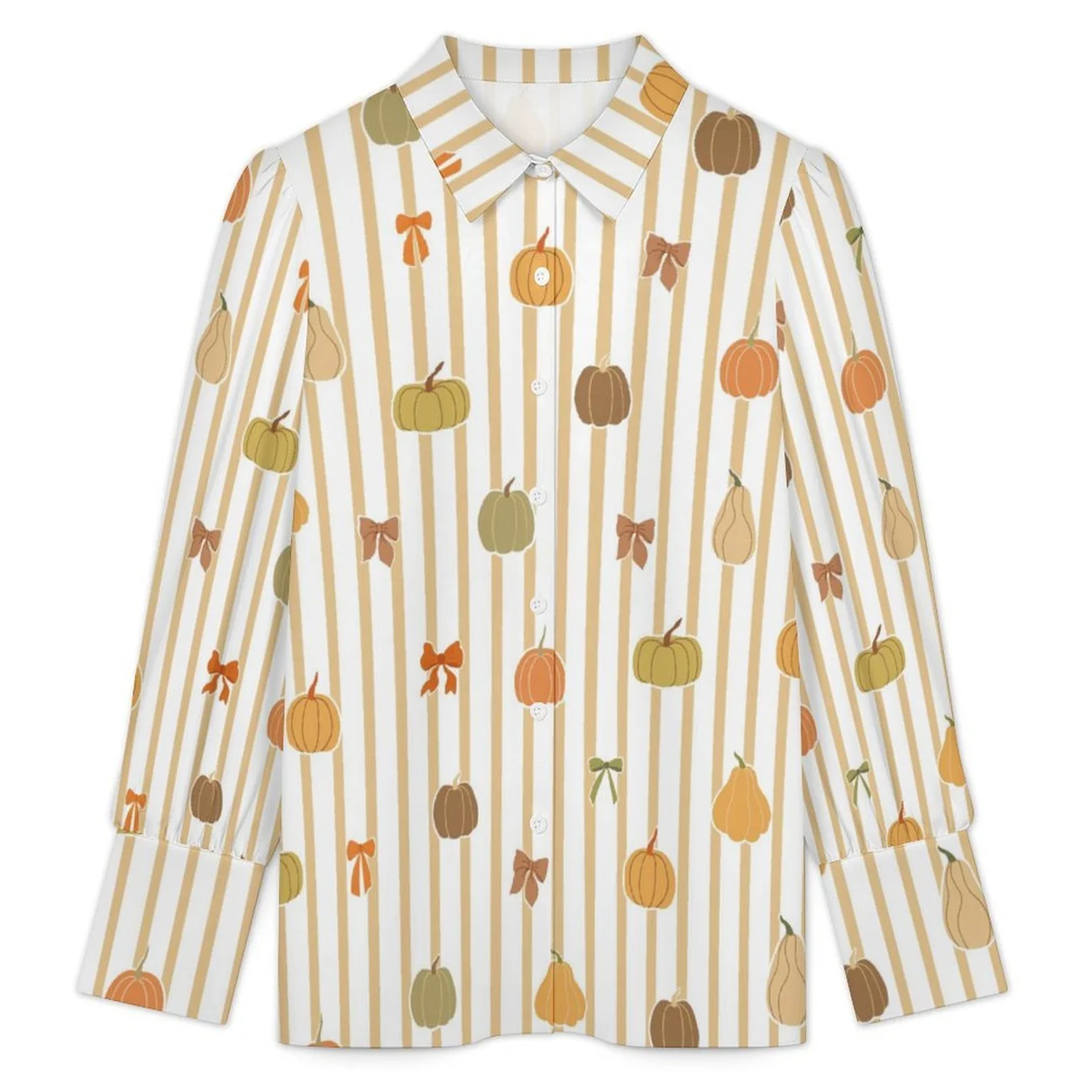 Women's Lantern Sleeve Button-Down Shirt - Pumpkin Stripe Print - view 3