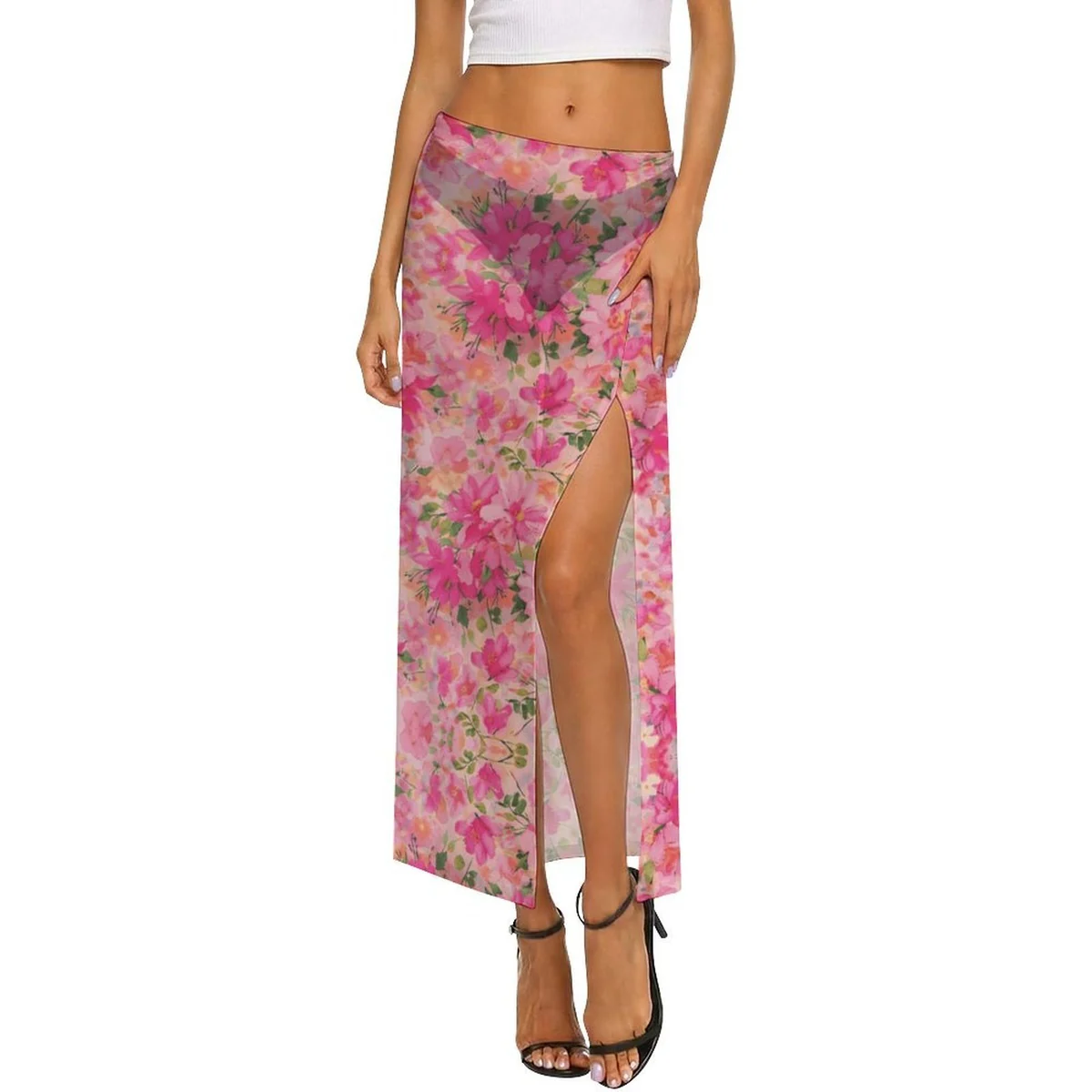 Women's Sheer Slit Sarong Maxi Skirt - Pink Bougainvillea Print - view 4