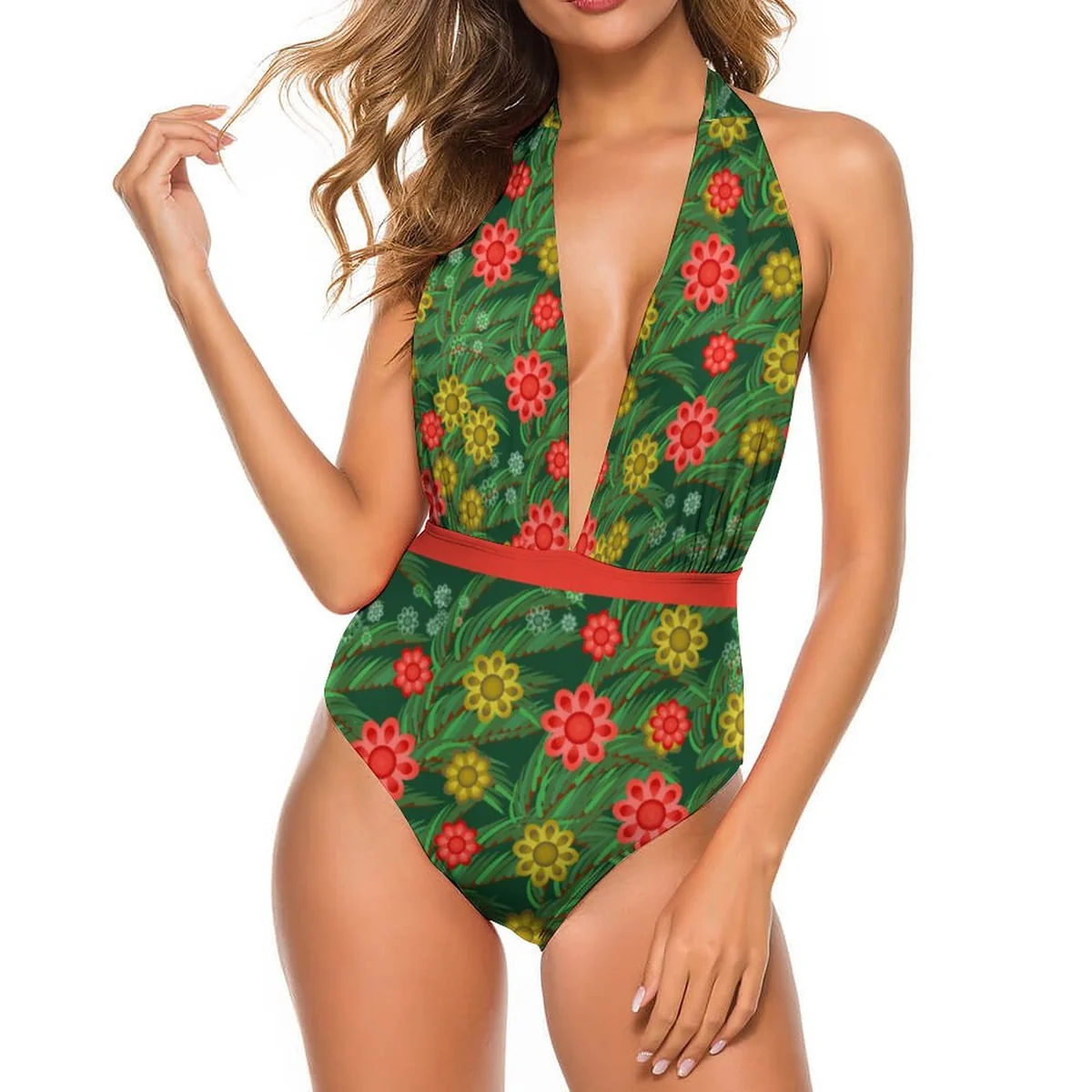 Women's Plunge Halter Belted One-Piece Swimsuit - Festive Folk Floral Print - view 4