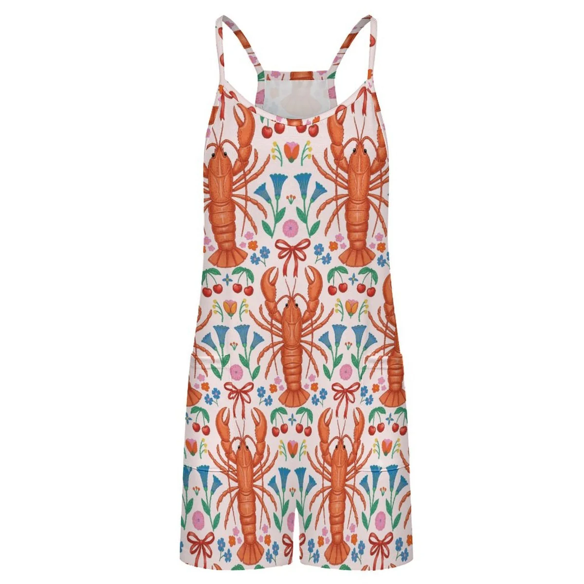 Women's Cami Romper with Pockets - Lobster Folk Art Print - view 4
