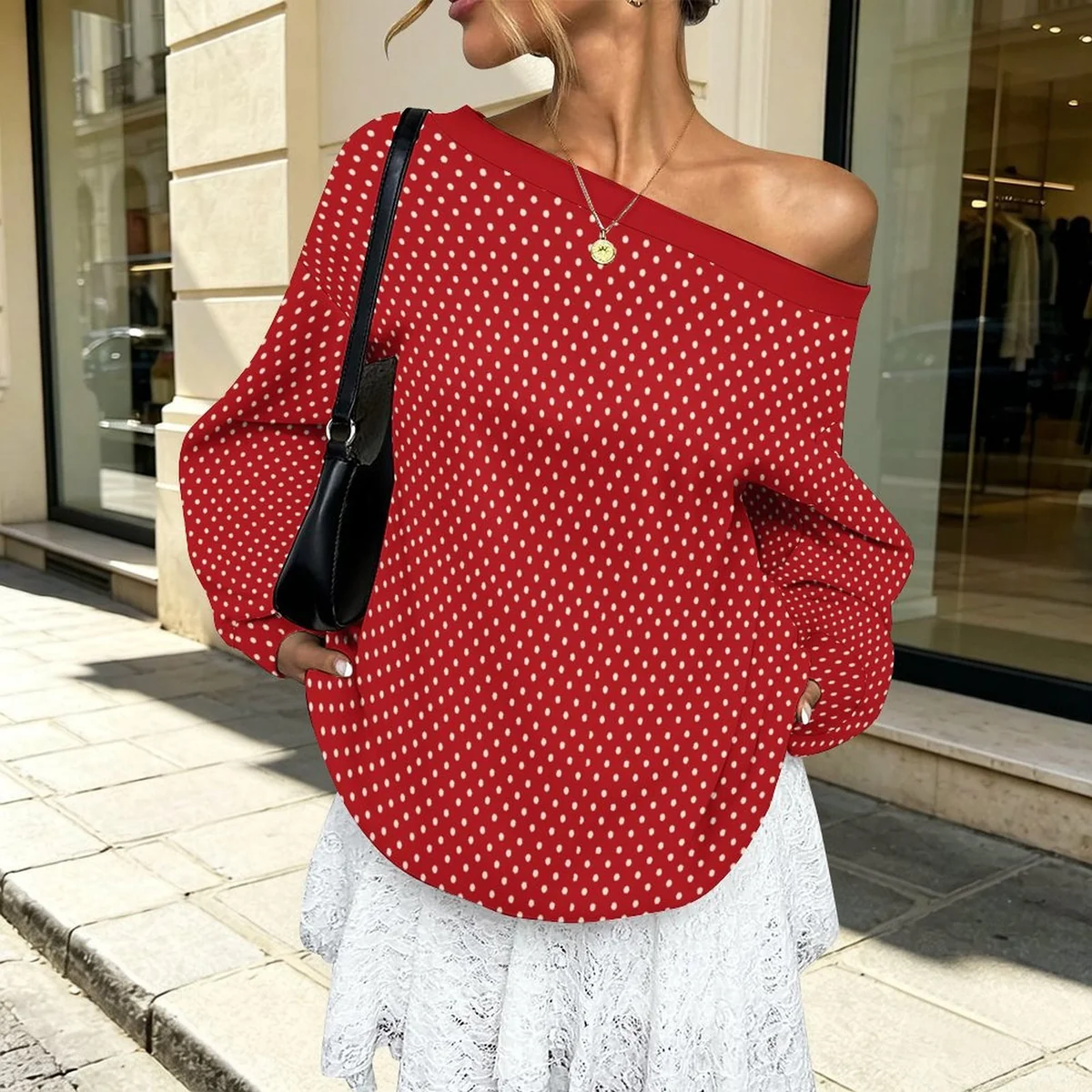 Women's Off-Shoulder Pullover Sweatshirt - Polka Dot Print - view 4