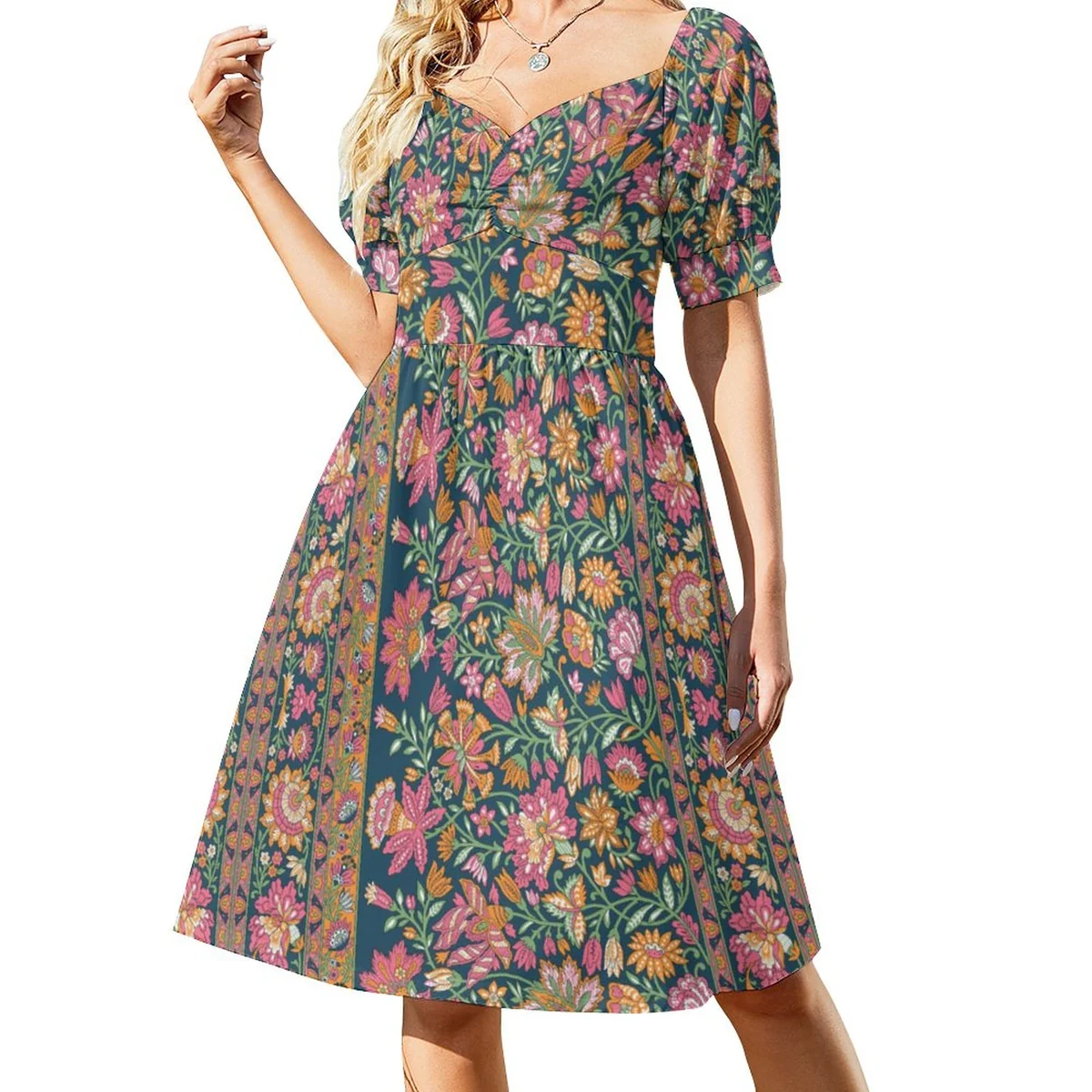 Women's Sweetheart Puff Sleeve Midi Dress - Paisley Garden Print