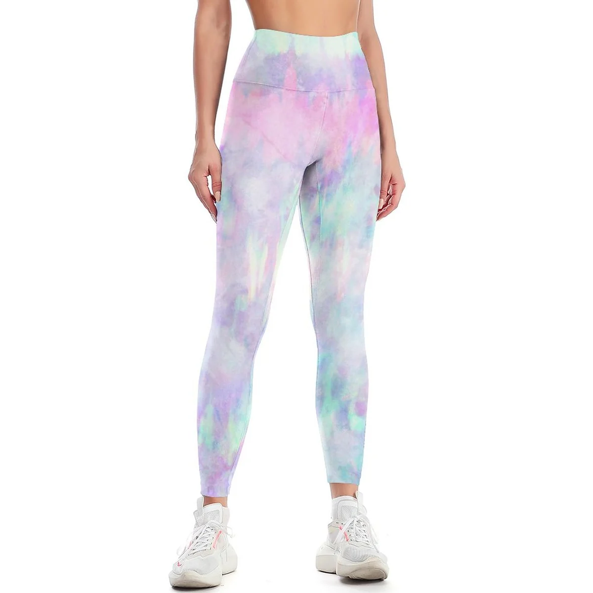Women's High-Waist Yoga Leggings - Pastel Tie-Dye Print