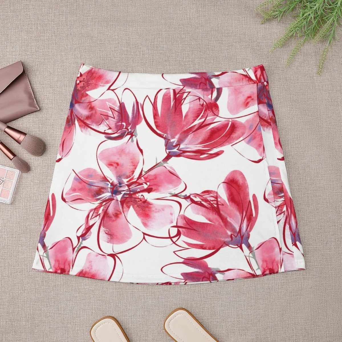 Women's High-Waist A-Line Mini Skirt - Watercolor Magnolia Print - view 3