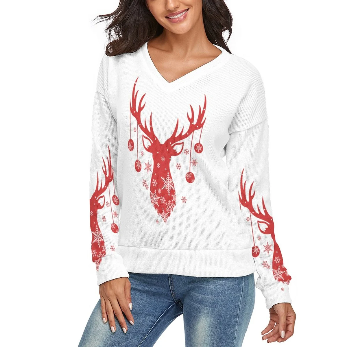 Women's V-Neck Pullover Sweater - Ornament Reindeer Print - view 3