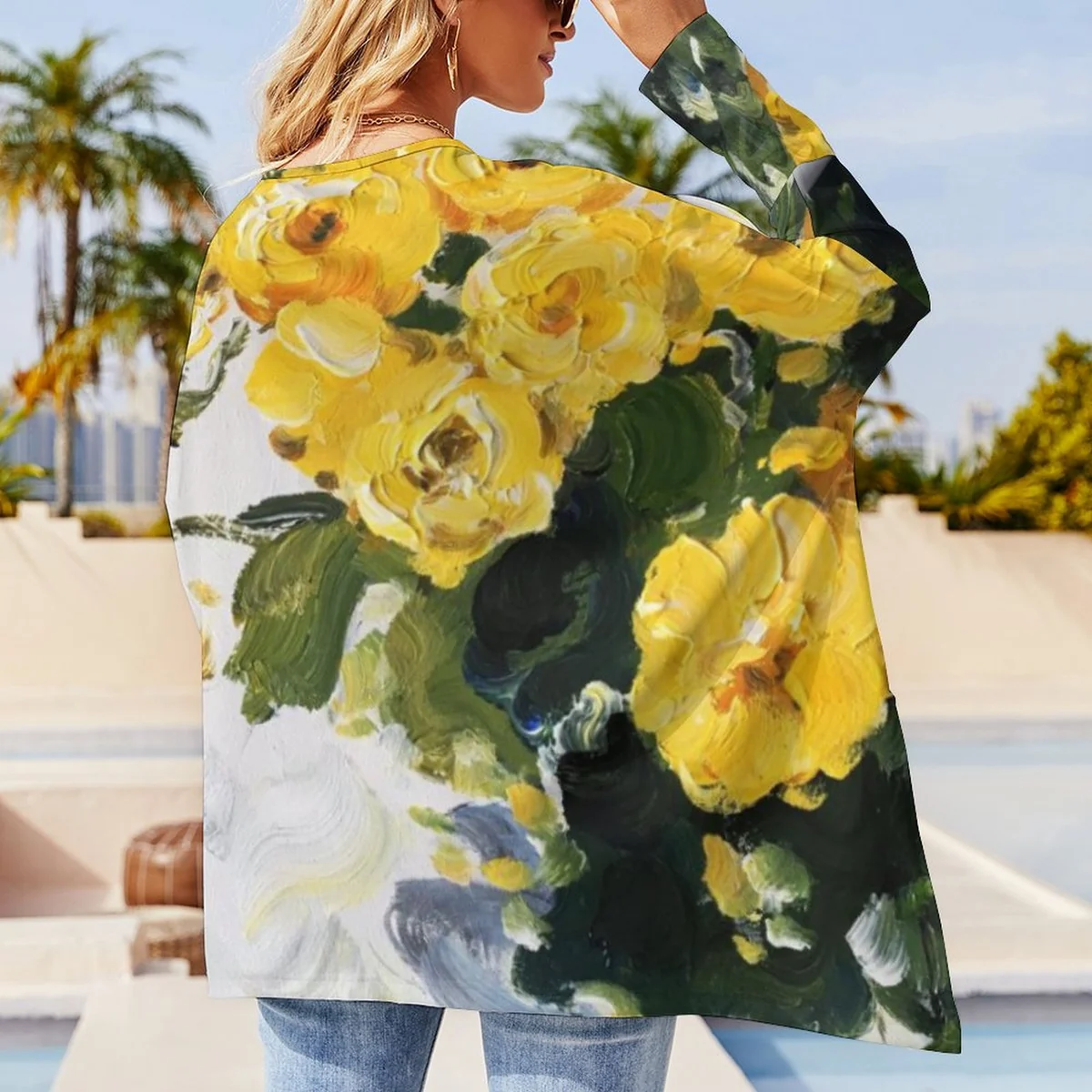 Women's Asymmetric Hem Long Sleeve Tunic - Oil Painted Yellow Rose Graphic - view 7