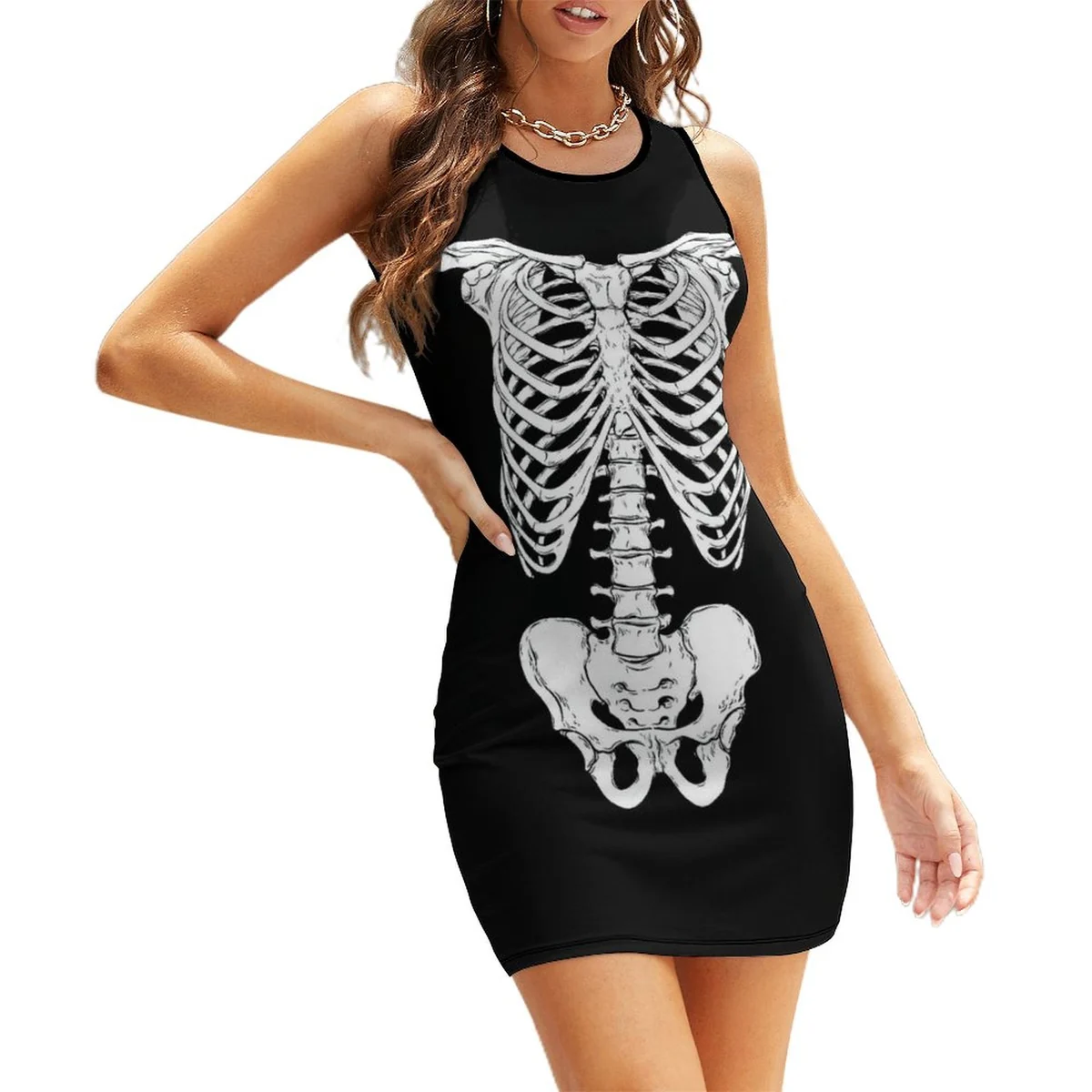 Women's Sleeveless Bodycon Tank Mini Dress - Skeleton X-Ray Print