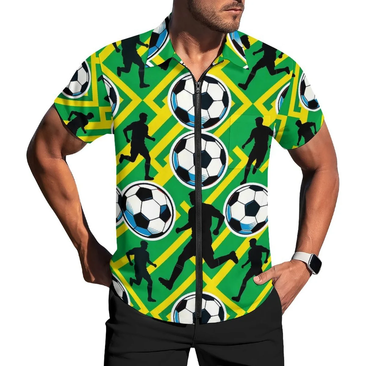 Unisex Short Sleeve Button-Up Camp Shirt - Soccer Player Stripe Print