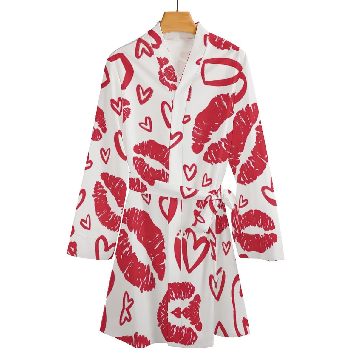 Women's Long Sleeve Belted Robe - Red Lips and Hearts Graphic - view 4
