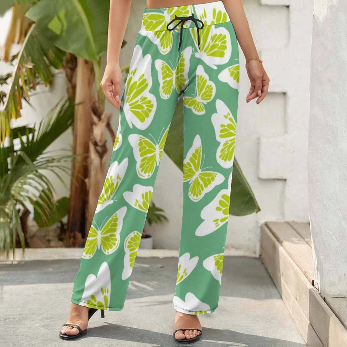 Women's Drawstring Wide Leg Pants - Lime Butterfly Print - view 6