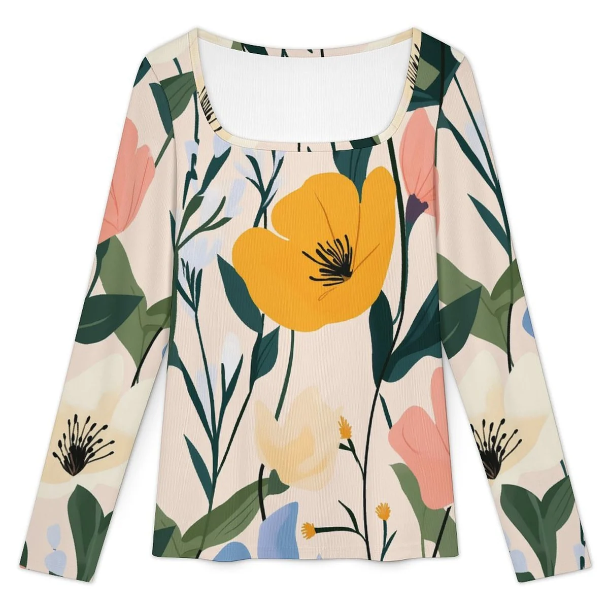 Women's Square-Neck Ribbed Long Sleeve Top - Modern Poppy Print - view 3