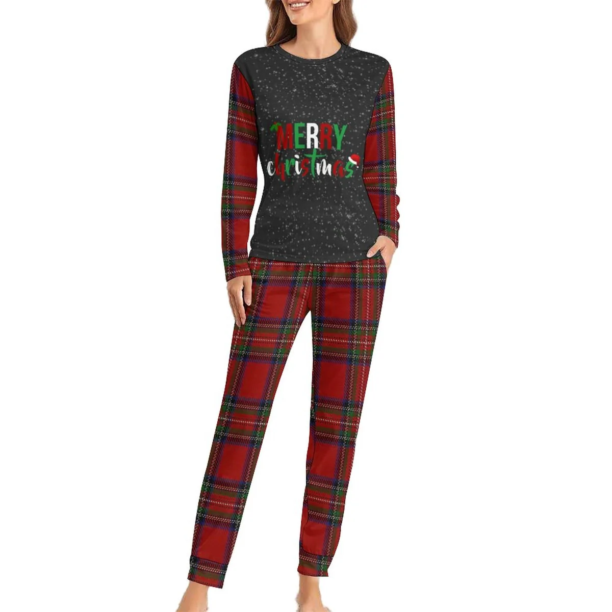 Women's Long Sleeve Tee and Jogger Pajama Set - Merry Christmas Tartan Print