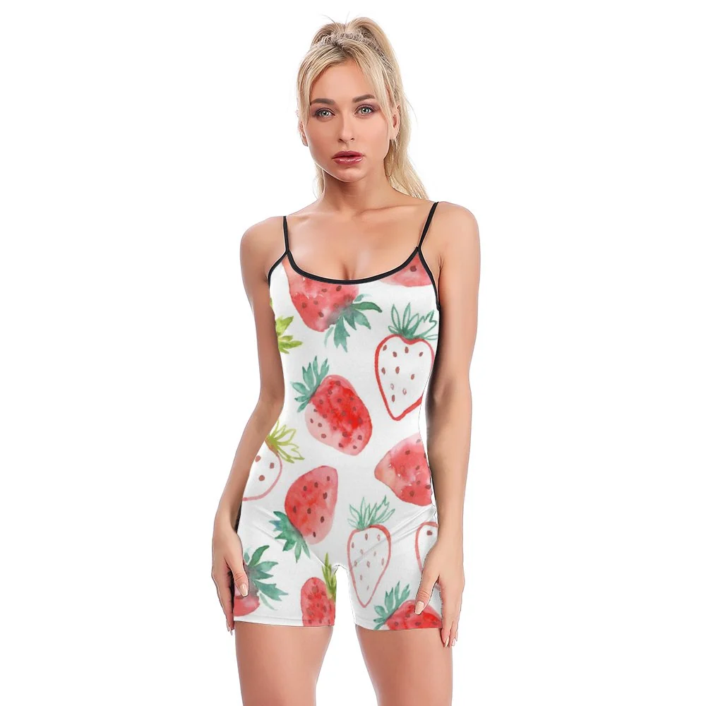 Women's Scoop-Neck Yoga Romper - Watercolor Strawberry Print