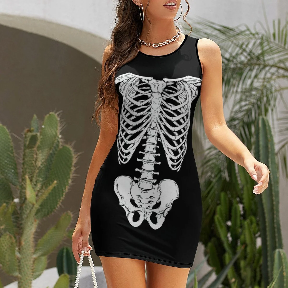 Women's Sleeveless Bodycon Tank Mini Dress - Skeleton X-Ray Print - view 4