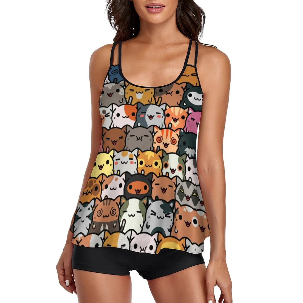 Women's Strappy Flowy Tankini Set - Kawaii Cat Crowd Print