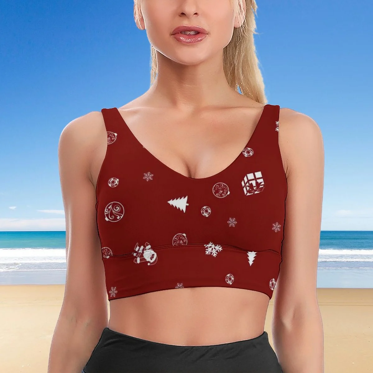 Women's Scoop-Neck Sports Bra Crop Top - Holiday Icon Scatter Print - view 5