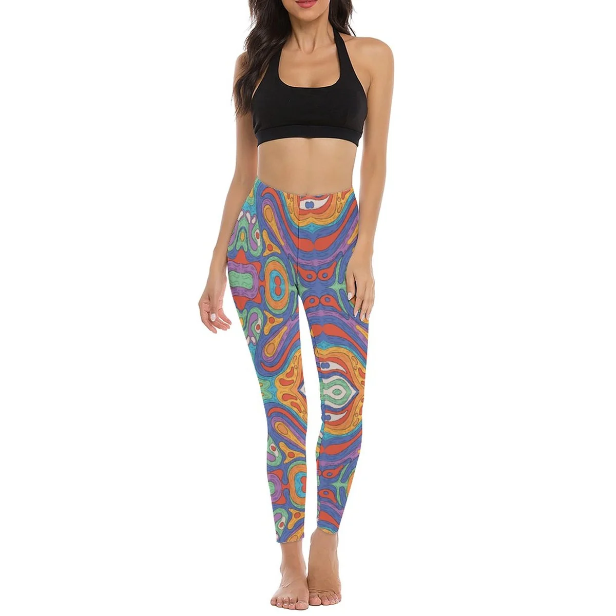 Women's High-Waist Yoga Leggings - Psychedelic Contour Lines Print