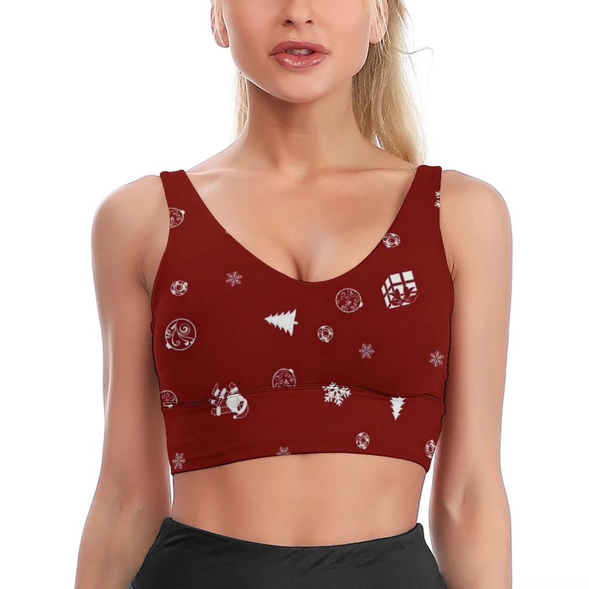 Women's Scoop-Neck Sports Bra Crop Top - Holiday Icon Scatter Print
