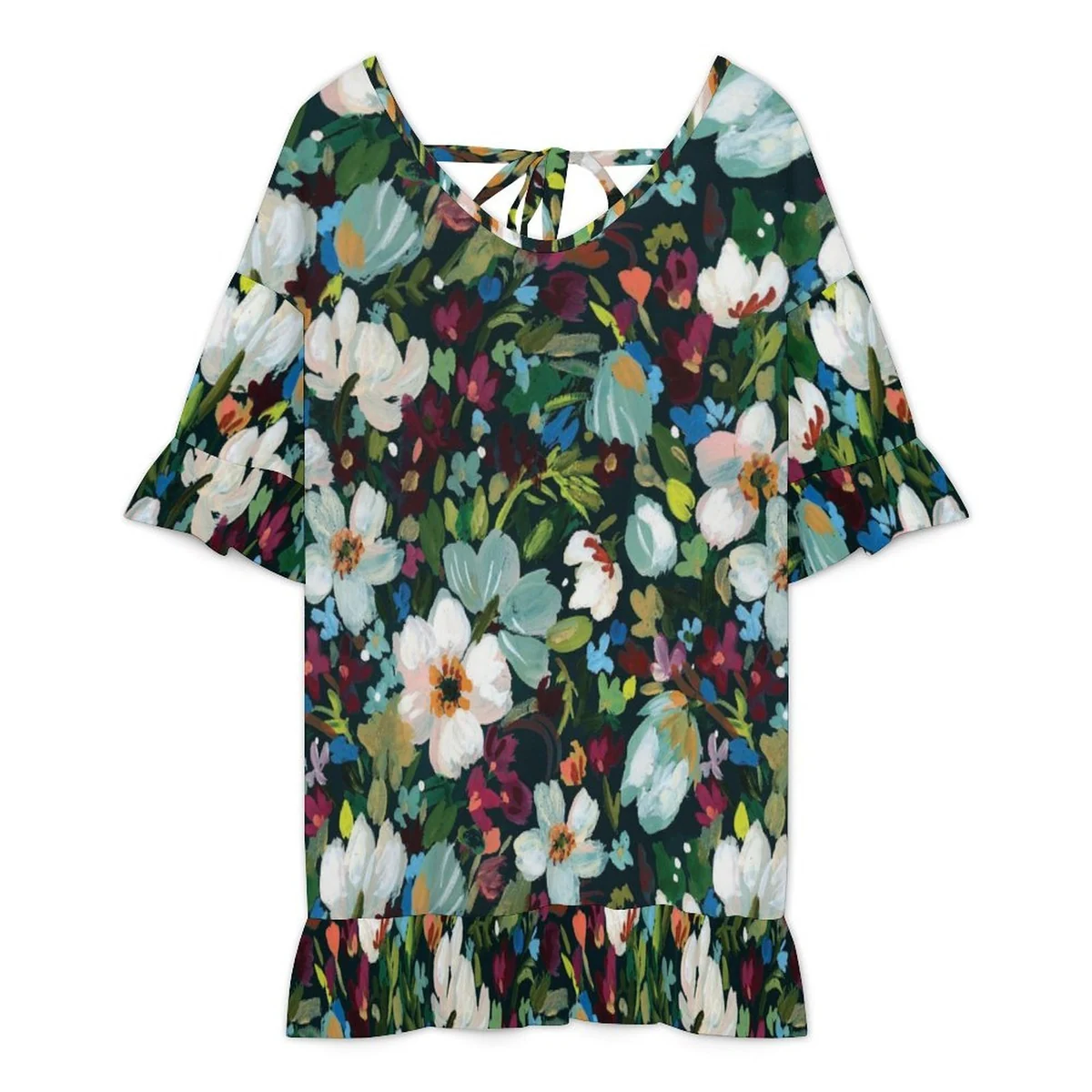 Women's Ruffle Sleeve Beach Cover-Up Dress - Moonlit Garden Floral Print - view 4