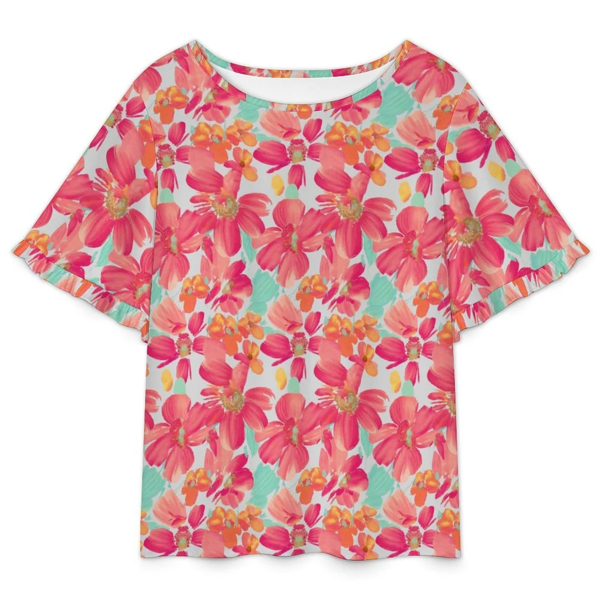 Women's Flutter Sleeve Crew Neck Tee - Tropical Lily Print - view 3