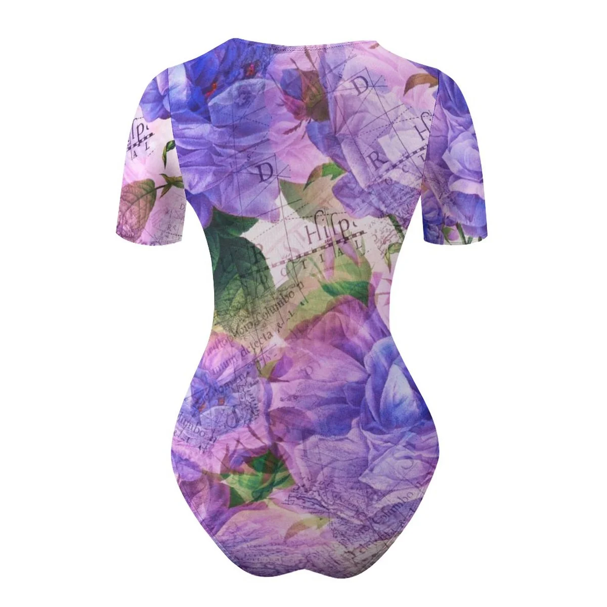Women's Crew Neck Short Sleeve Bodysuit - Violet Rose Collage Print - view 7