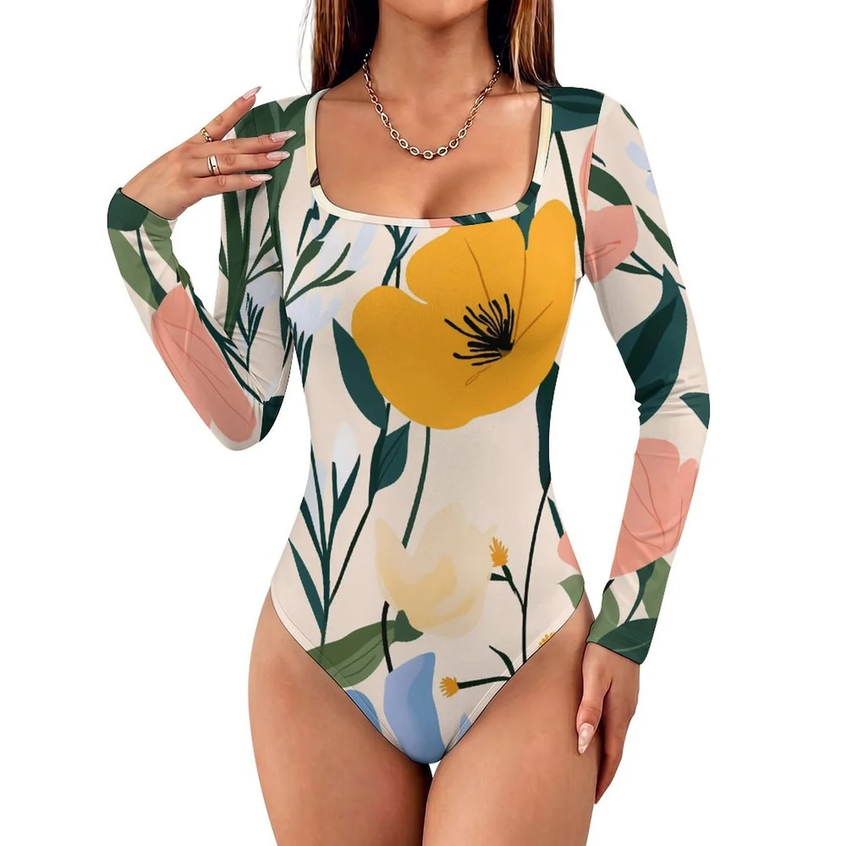 Women's Square-Neck Long Sleeve Bodysuit - Modern Poppy Print - view 3