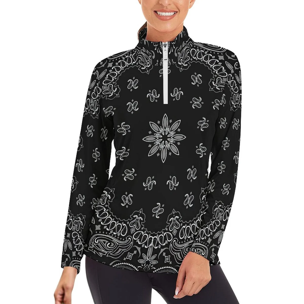 Women's Quarter Zip Long Sleeve Athletic Pullover - Black Bandana Paisley Print