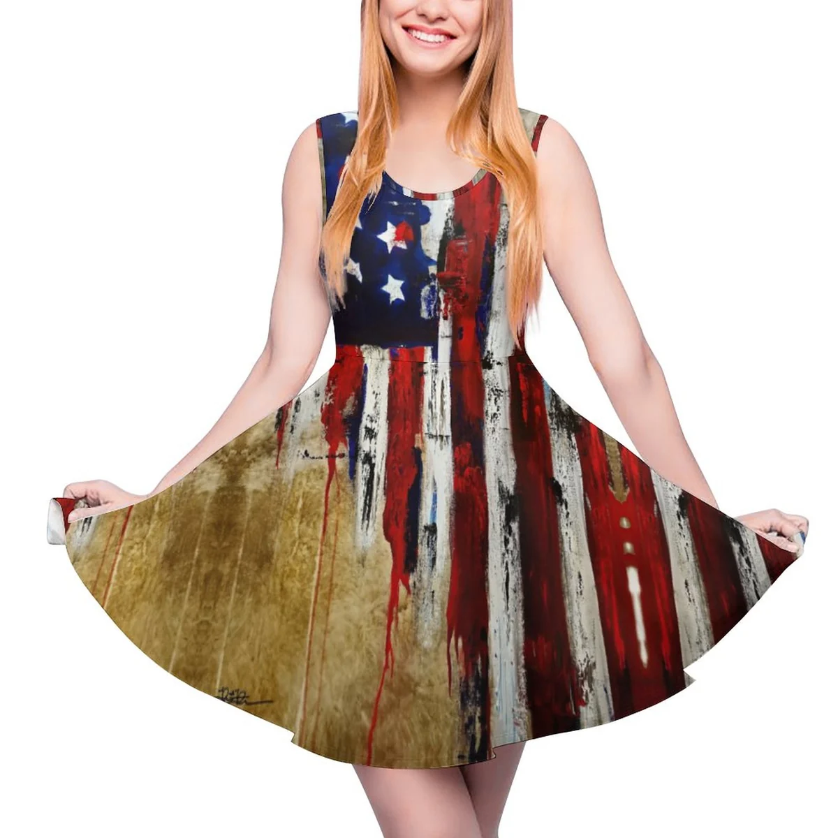 Women's Sleeveless Scoop-Neck Skater Dress - Rustic American Flag Print