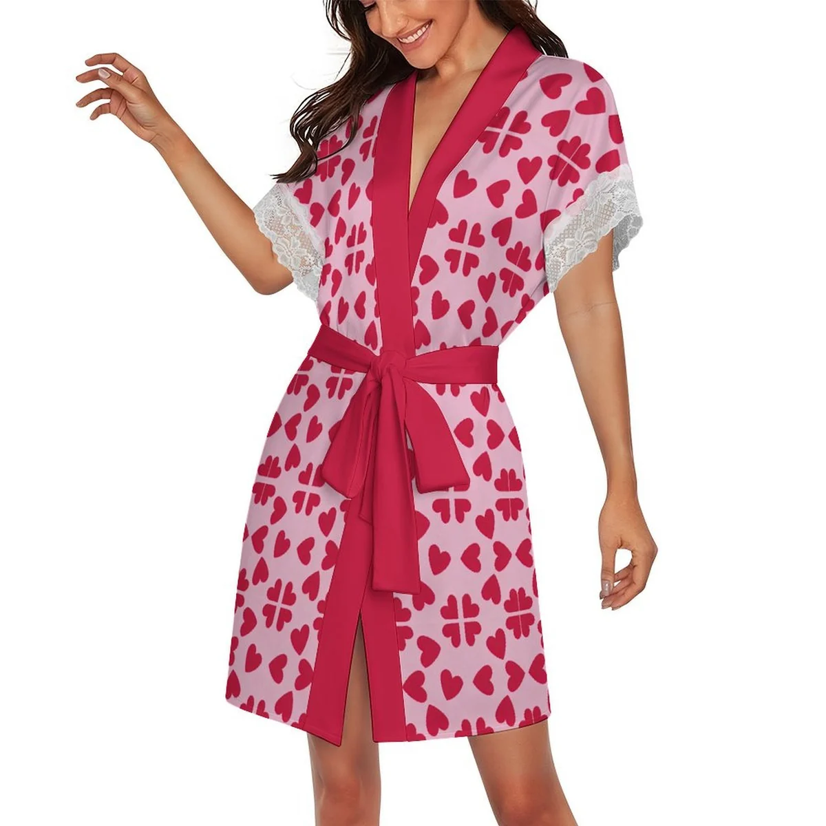 Women's Lace Trim Short Sleeve Belted Robe - Pink Heart Print