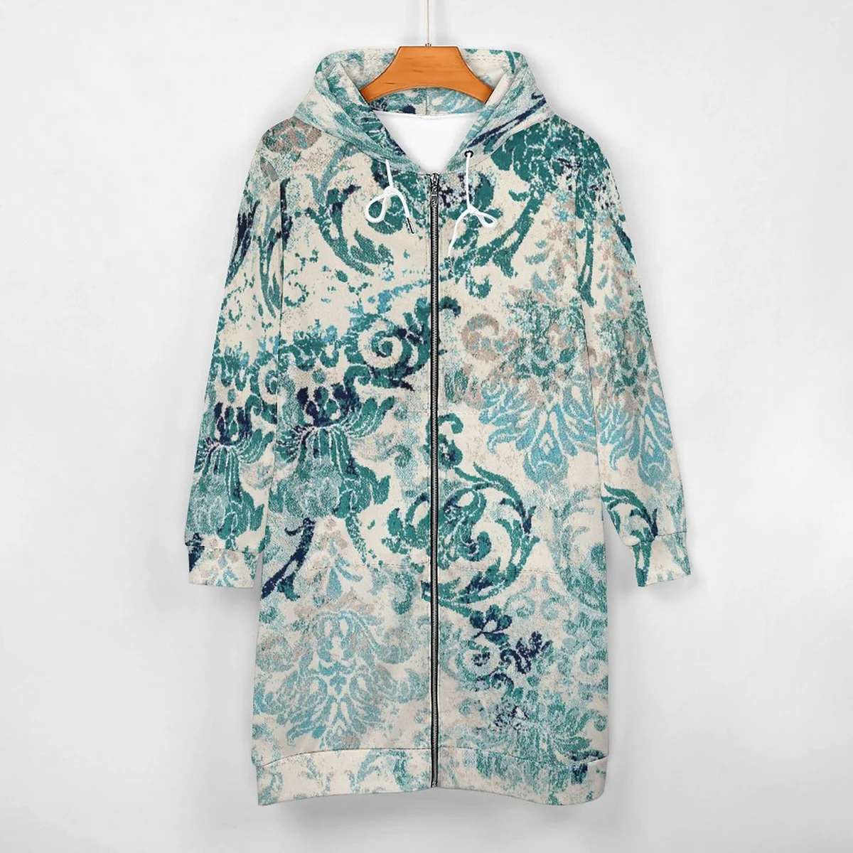 Women's Longline Full Zip Hooded Coat - Teal Baroque Damask Print - view 3