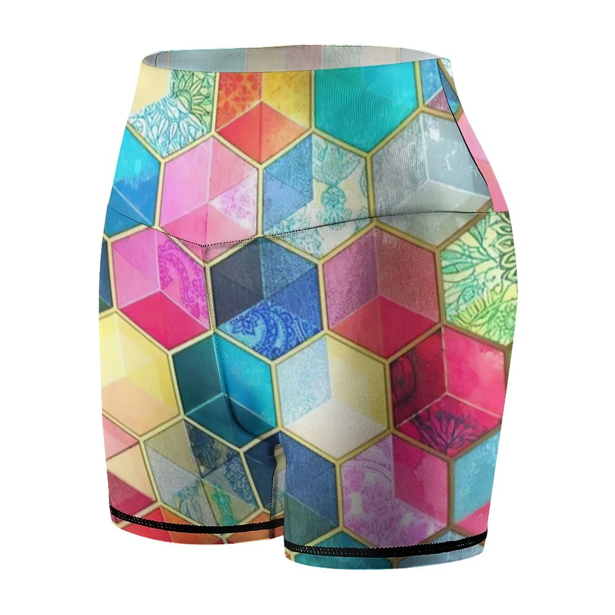 Women's High-Waist Yoga Shorts - Rainbow Hexagon Cube Print - view 8