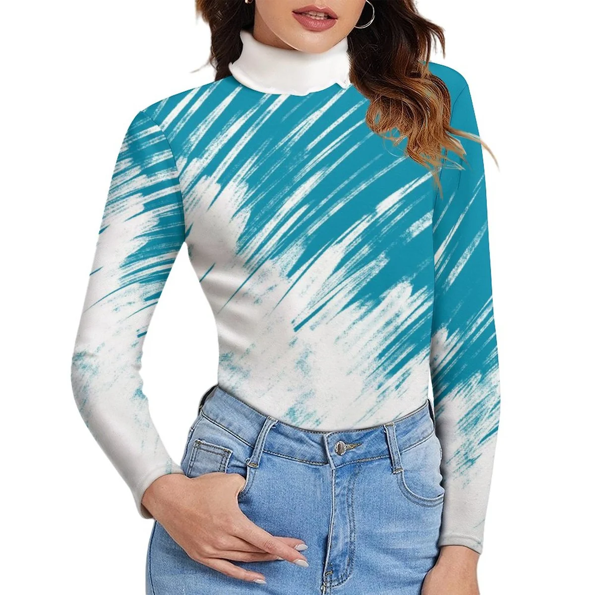 Women's Turtleneck Pullover Sweater - Teal Brushstroke Ombre Print