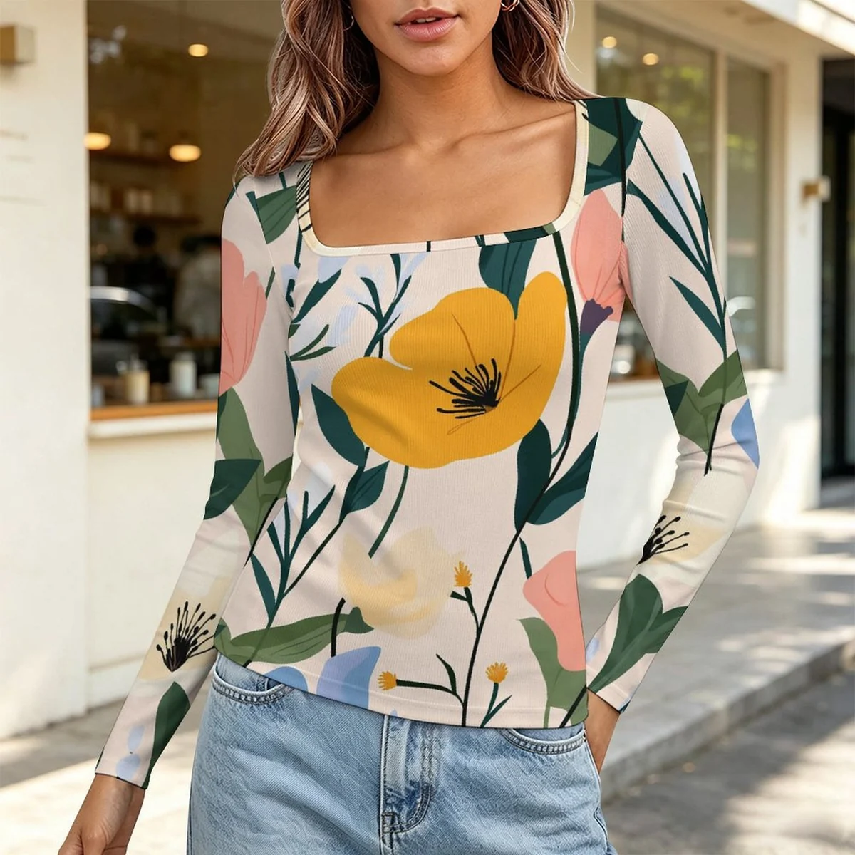 Women's Square-Neck Ribbed Long Sleeve Top - Modern Poppy Print - view 2