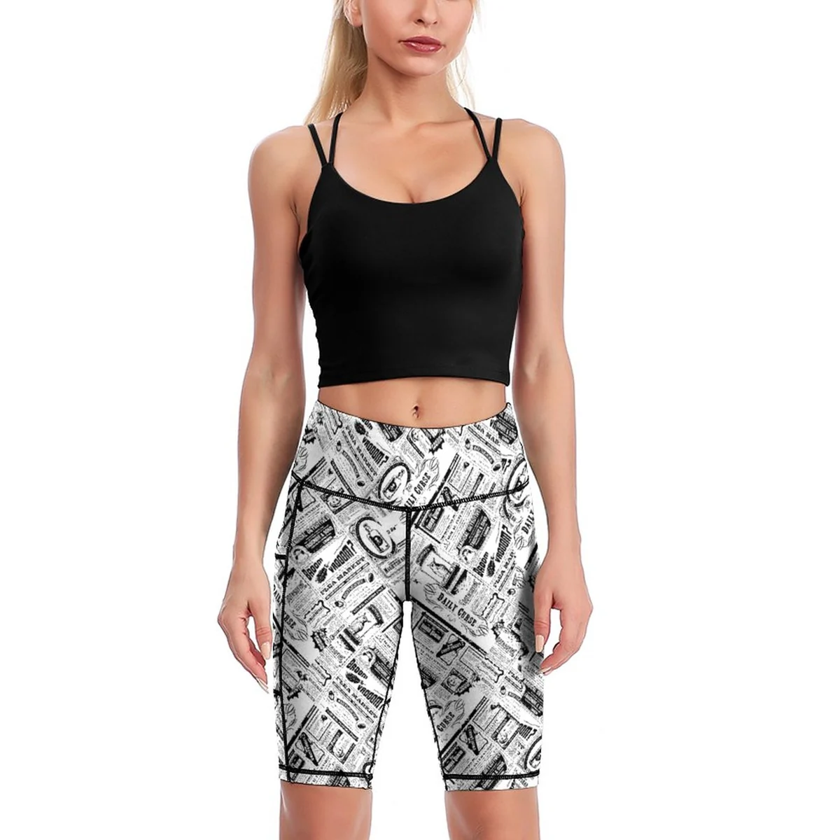 Women's High-Waist Bike Shorts with Pocket - Newsprint Collage Print