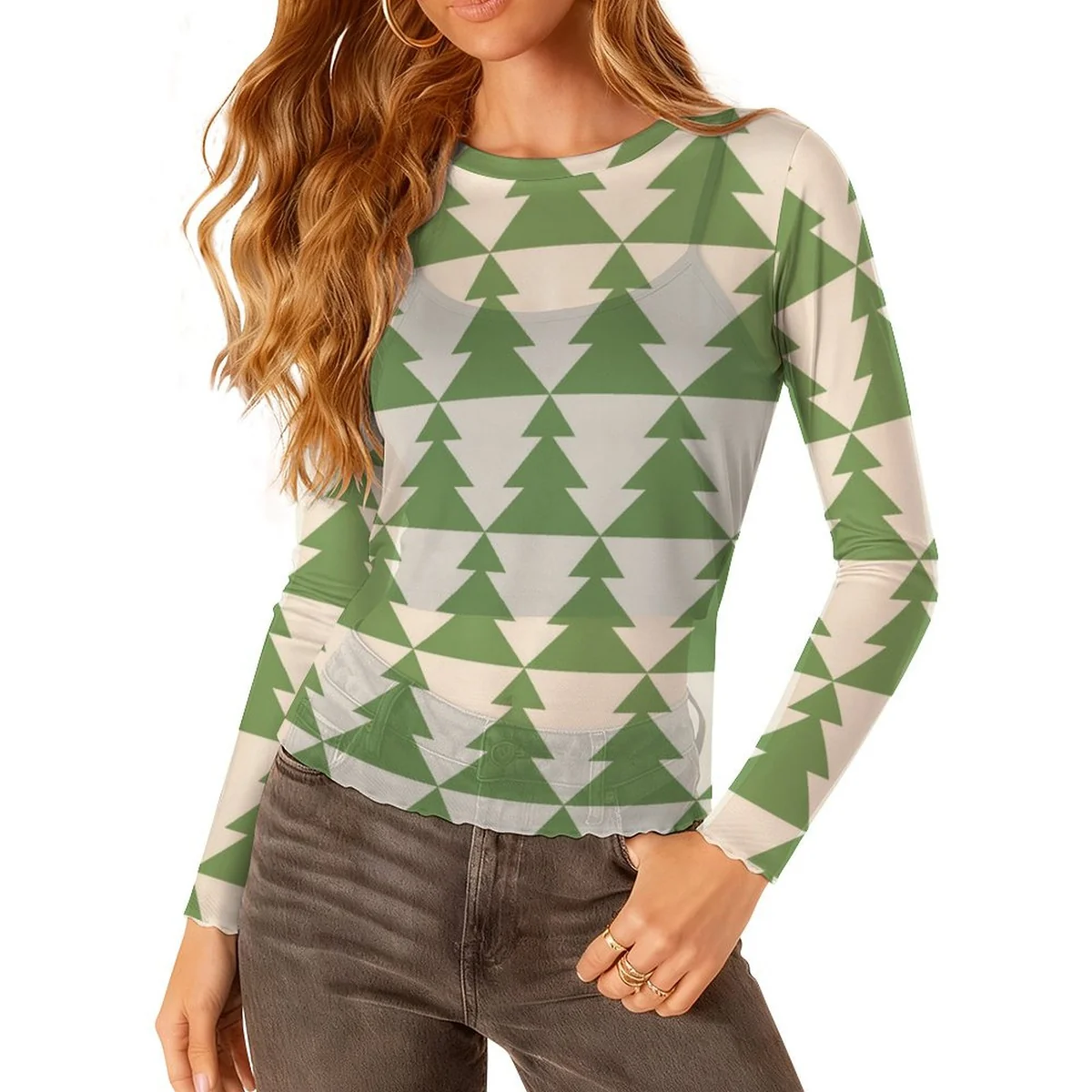 Women's Long Sleeve Mesh Crew Neck Top - Geometric Pine Tree Print