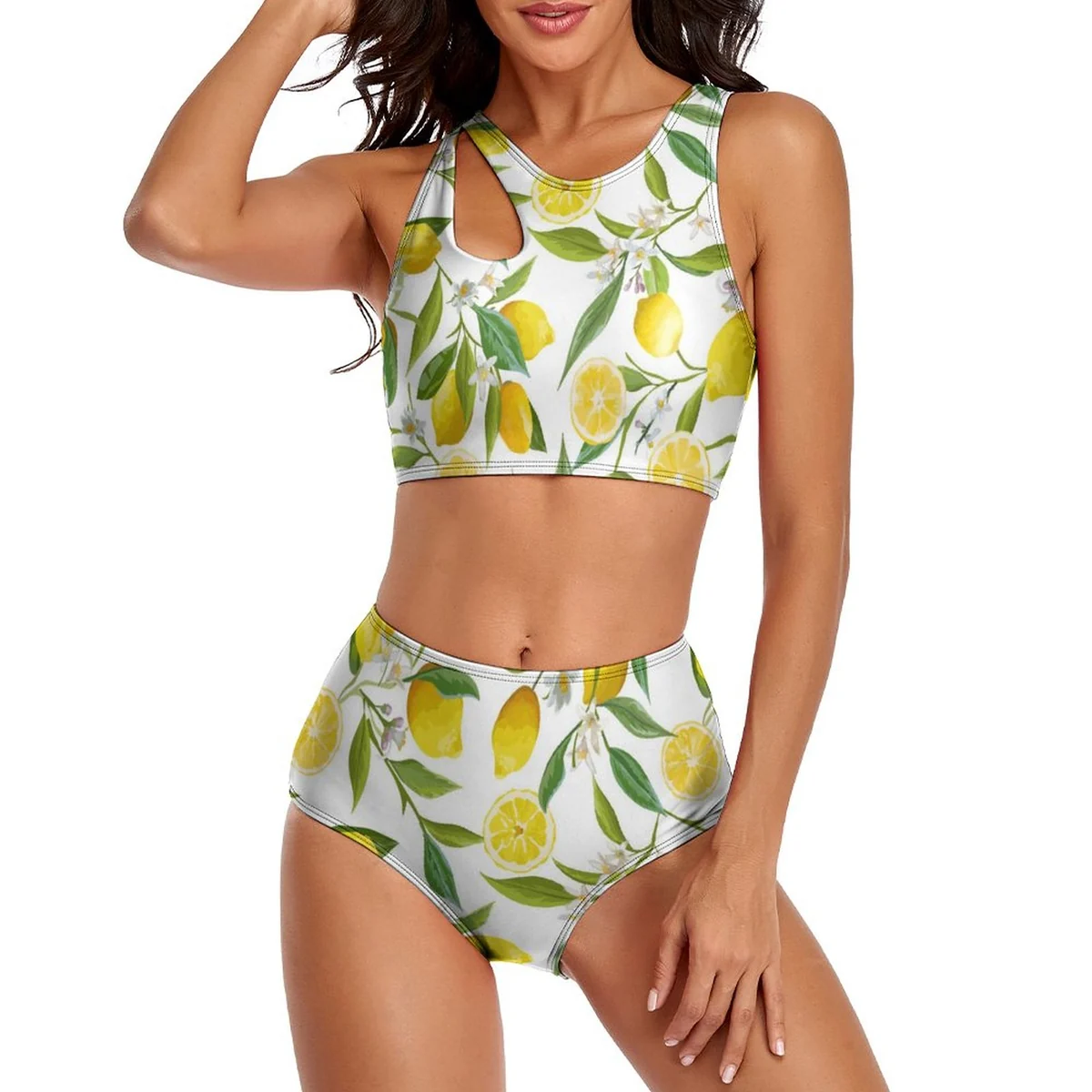Women's Sporty High-Neck High-Waist Bikini Set - Lemon Branch Print