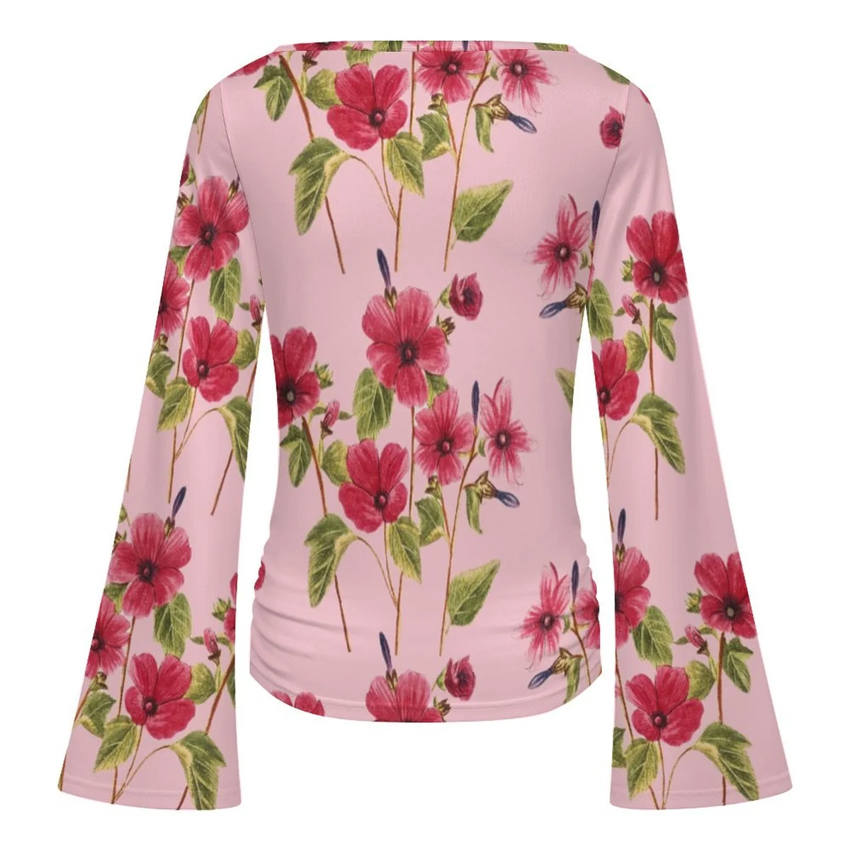 Women's Boat Neck Bell Sleeve Top - Hibiscus Sketch Print - view 5