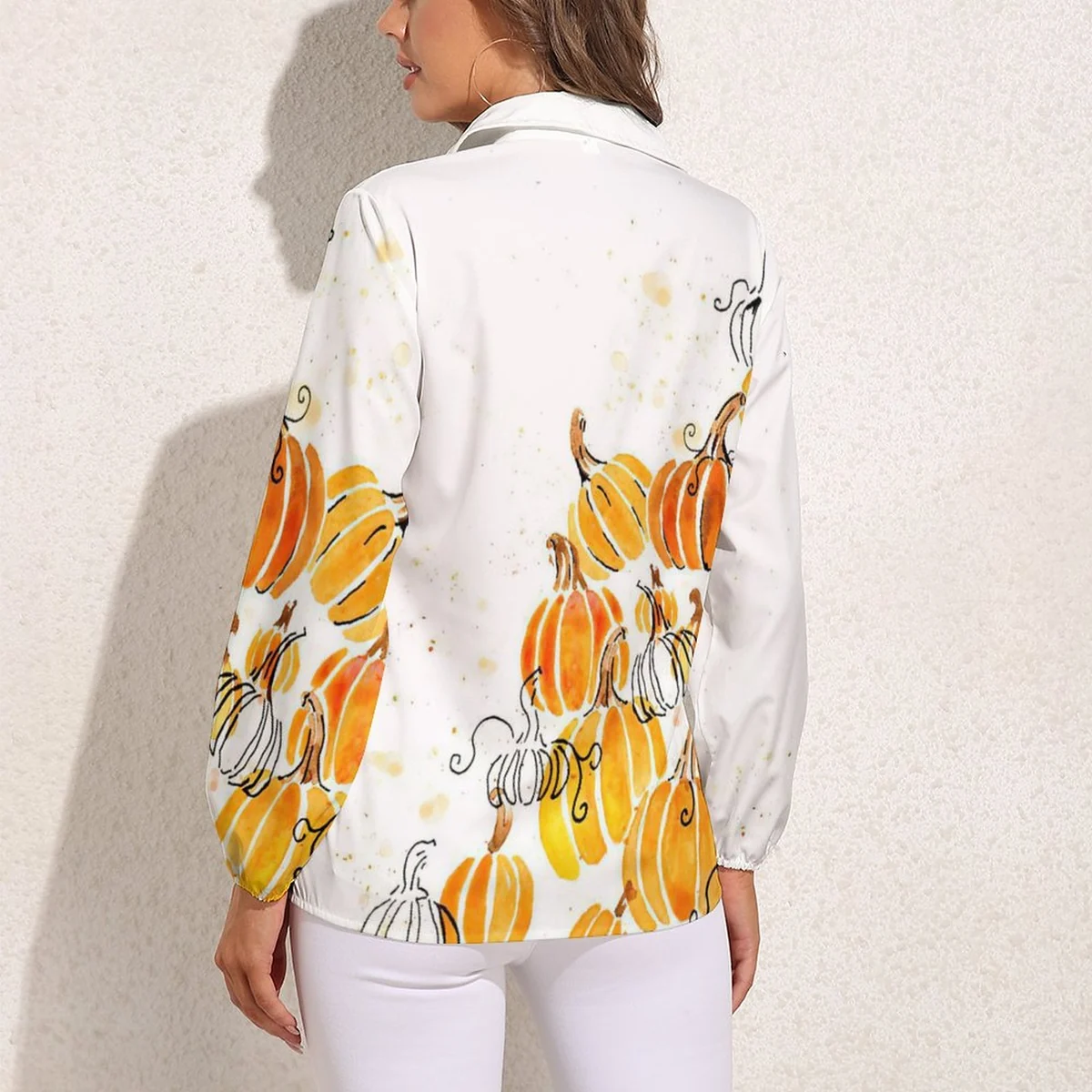 Women's Relaxed Long Sleeve Button-Down Shirt - Watercolor Pumpkin Print - view 2