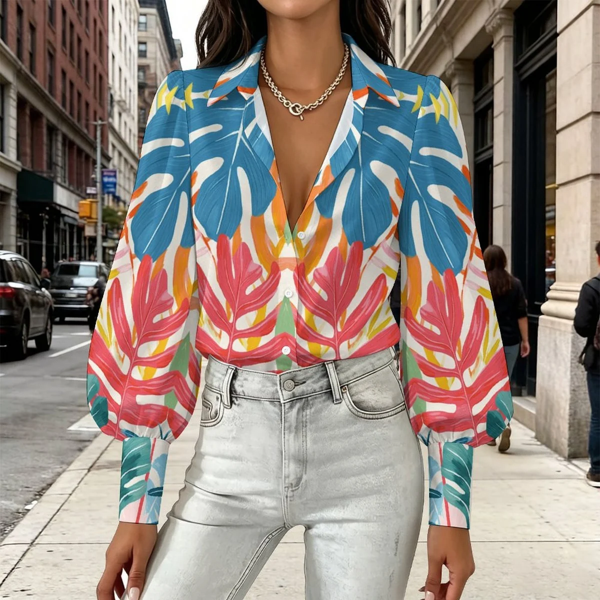 Women's Lantern Sleeve Button-Down Shirt - Bold Monstera Print - view 2