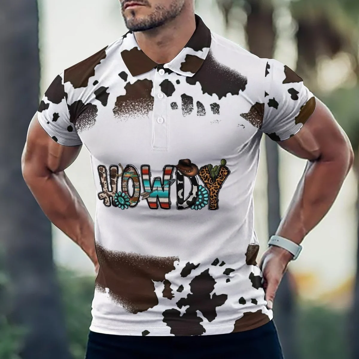 Men's Short Sleeve Polo Shirt - Howdy Cow Print - view 2