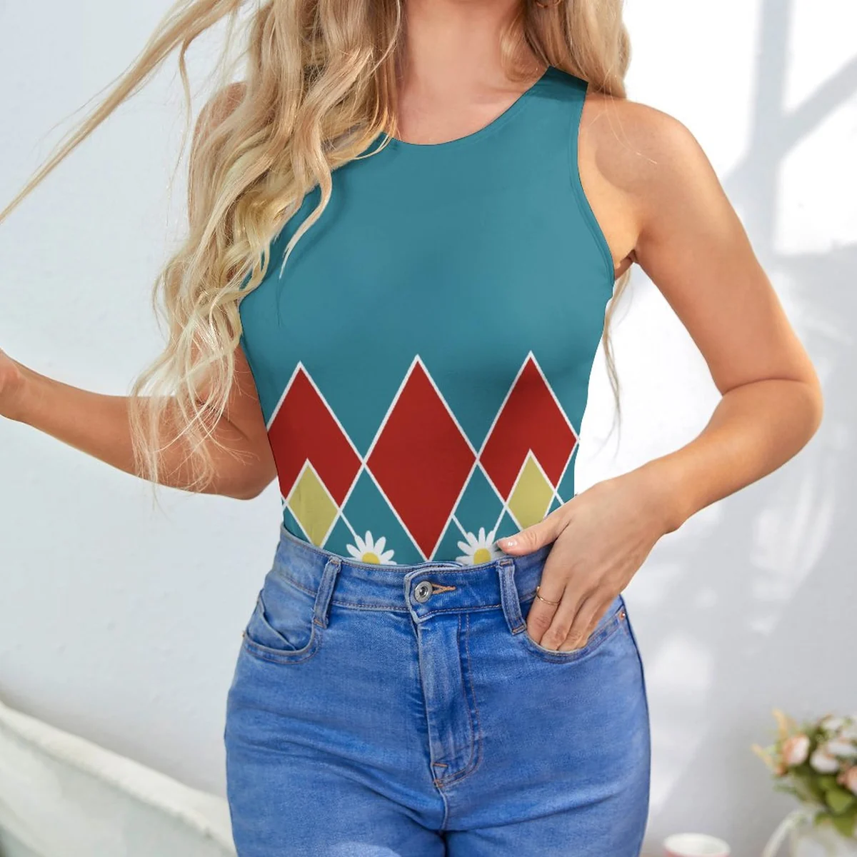 Women's Racer Tank Bodysuit - Harlequin Daisy Print - view 5