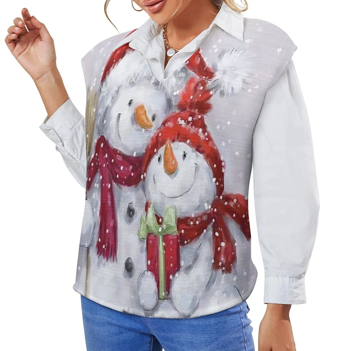 Women's Oversized Sweater Vest - Snowman Friends Print
