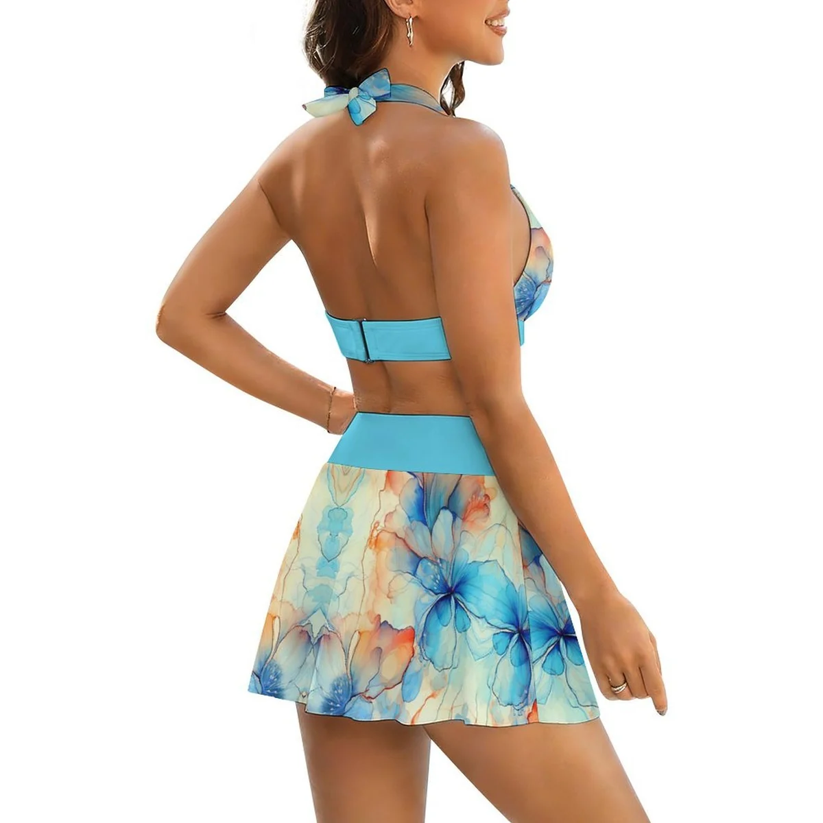 Women's Halter Bikini Top with Slit Swim Skirt - Watercolor Blossom Print - view 3