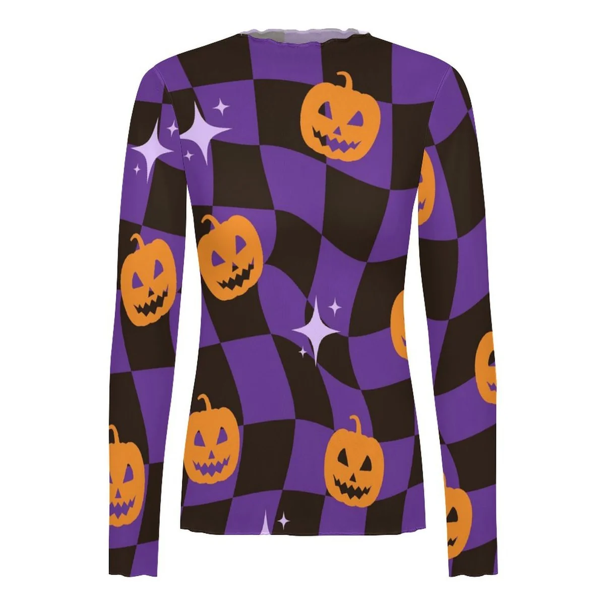 Women's High Neck Long Sleeve Mesh Top - Checkered Jack-O-Lantern Print - view 6