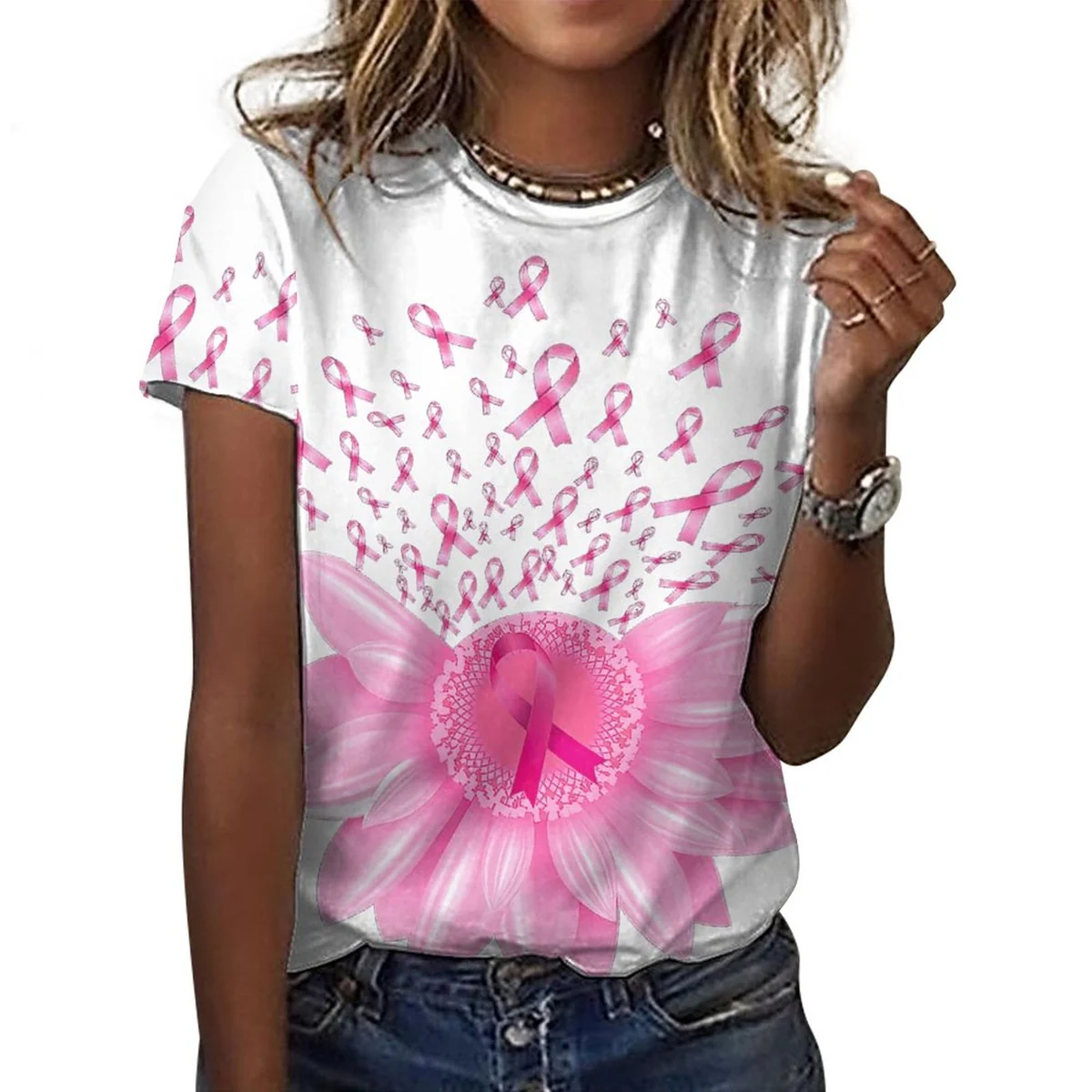Women's Crew Neck Short Sleeve Cotton Tee - Pink Ribbon Daisy Print