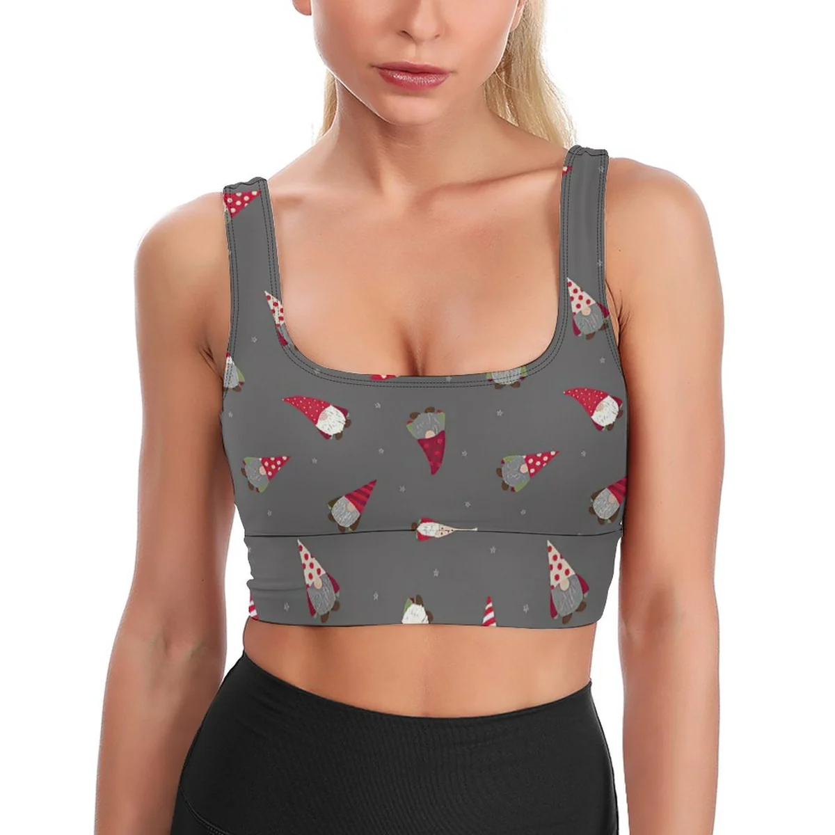 Women's Scoop-Neck Longline Yoga Crop Top - Christmas Gnome Print