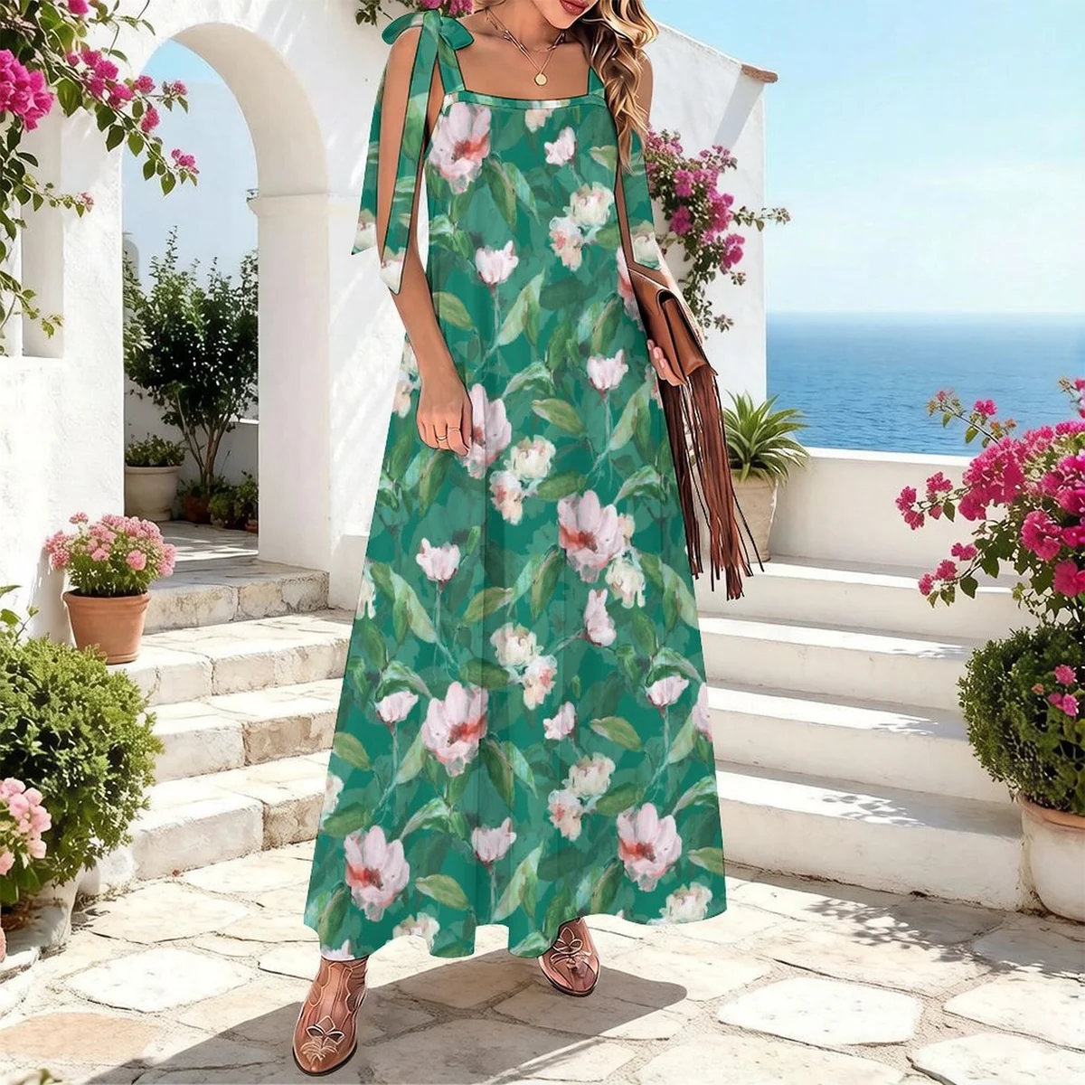 Women's Tie-Shoulder Maxi Dress - Magnolia Leaf Print - view 2