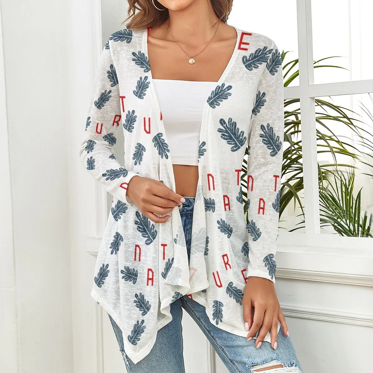 Women's Waterfall Open Front Knit Cardigan - Autumn Letter Leaf Print - view 3