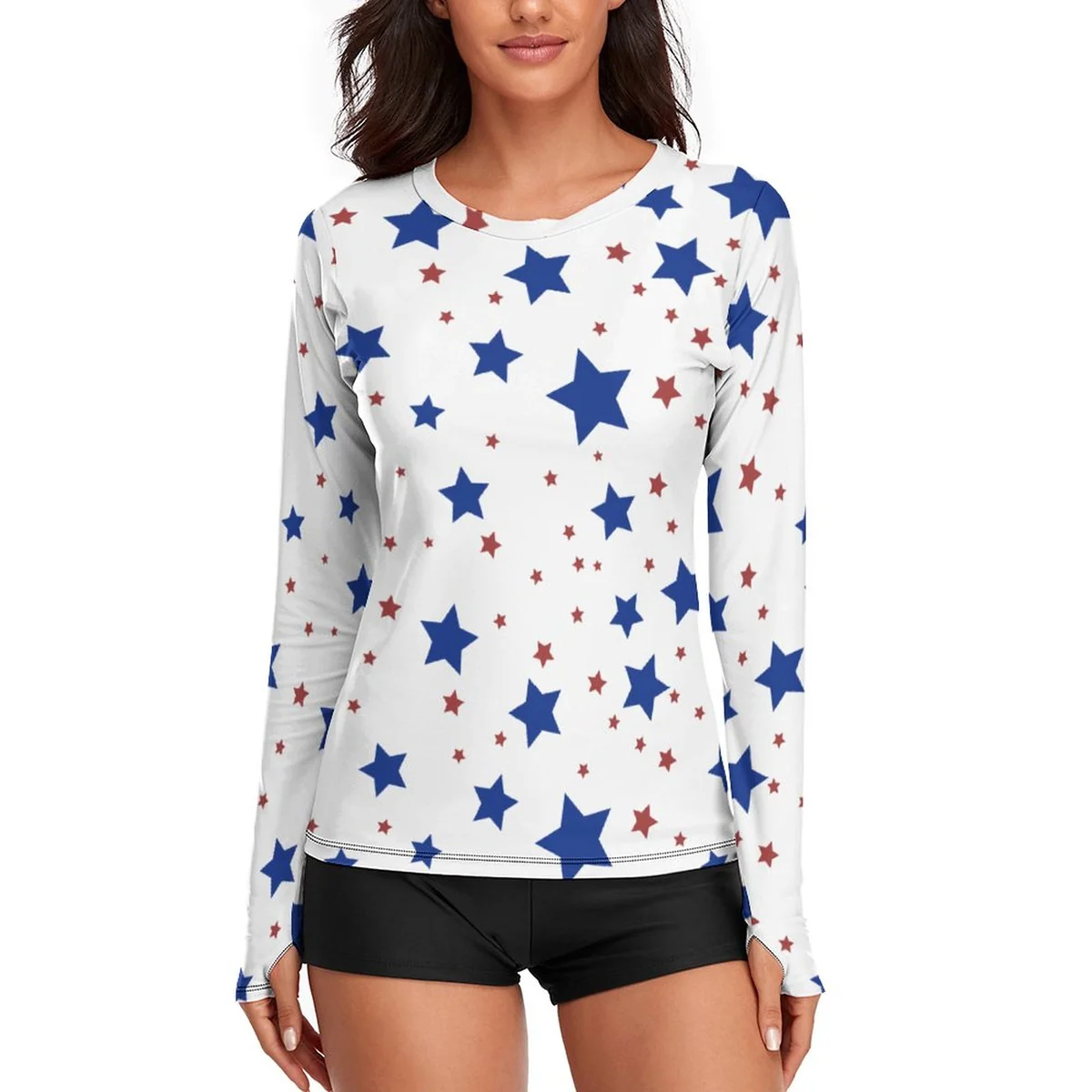 Women's Crew Neck Long Sleeve Sun Shirt - Scattered Stars Print