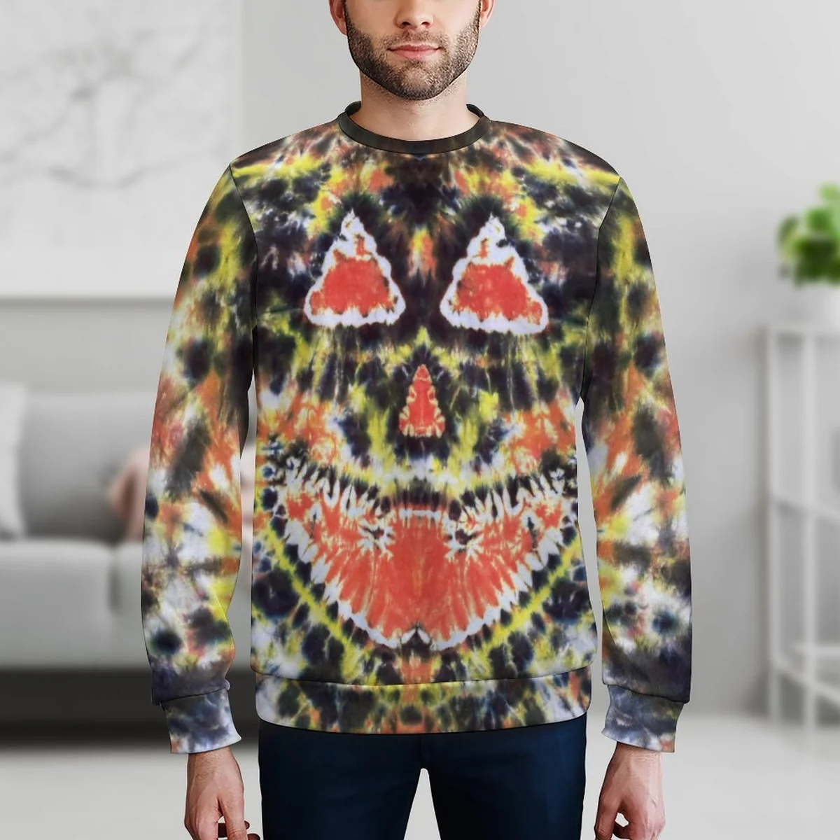 Unisex Crew Neck Sweatshirt - Tie-Dye Pumpkin Face Print - view 8